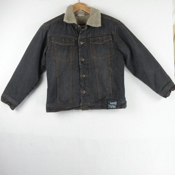 Timberland Sherpa Lined Black Denim Jacket Size M Outdoor Button Collar Jacket - Picture 1 of 13